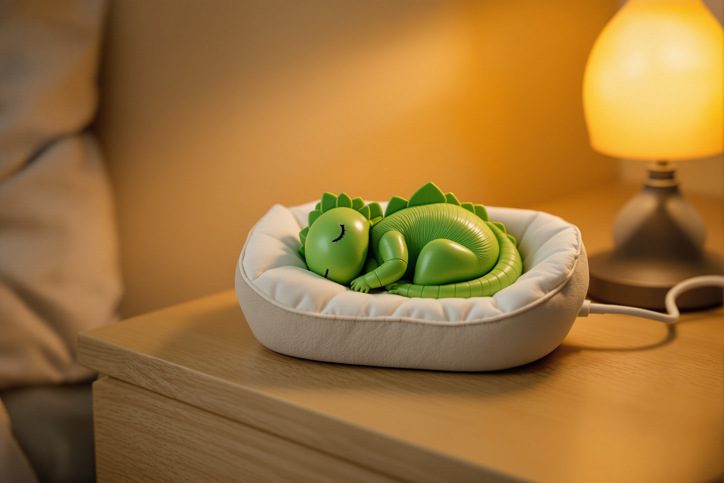 A small green robot dinosaur resting in a cozy charging cradle under warm lamp light