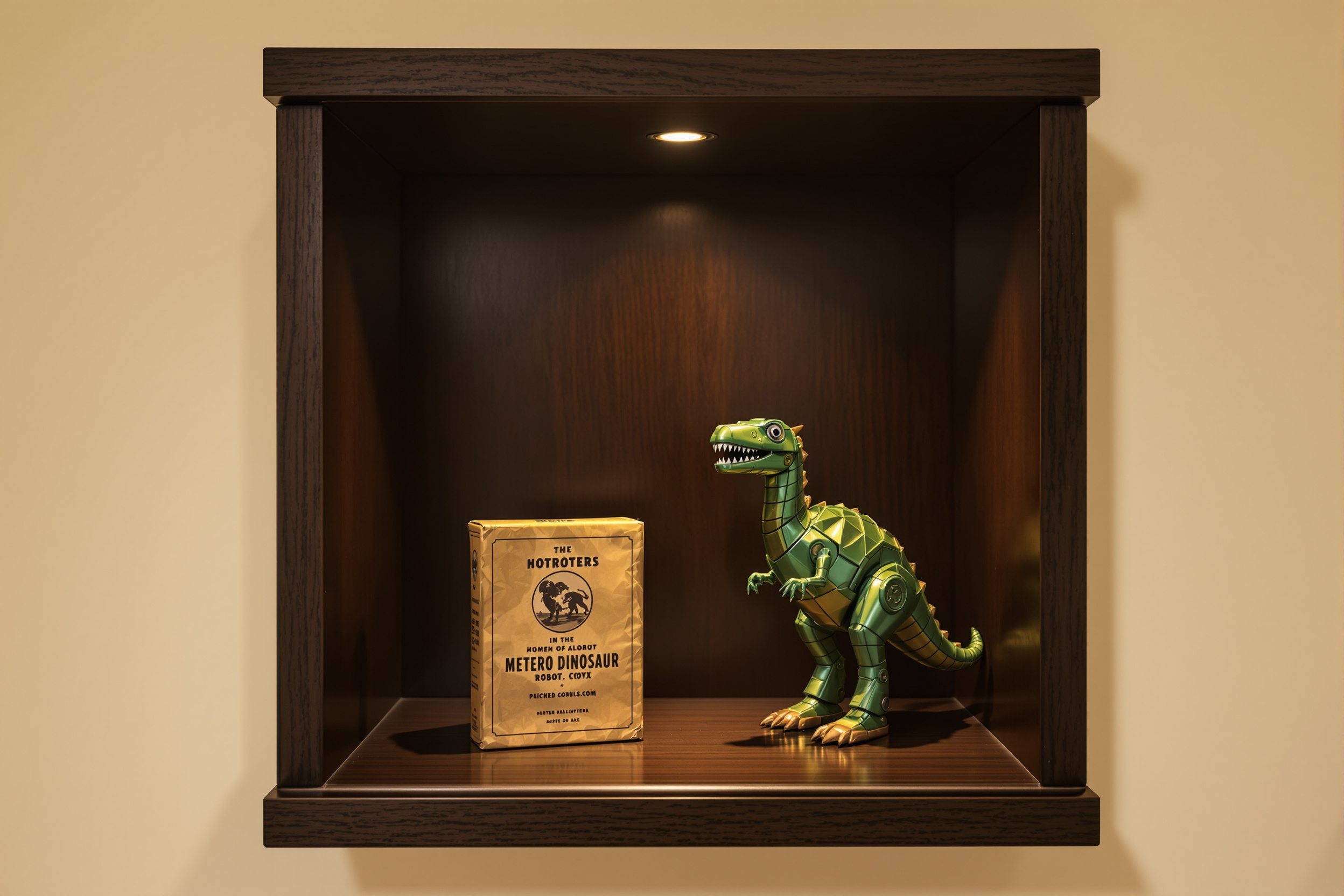 A collector display shelf with a boxed vintage-looking small robot dinosaur under soft spotlighting