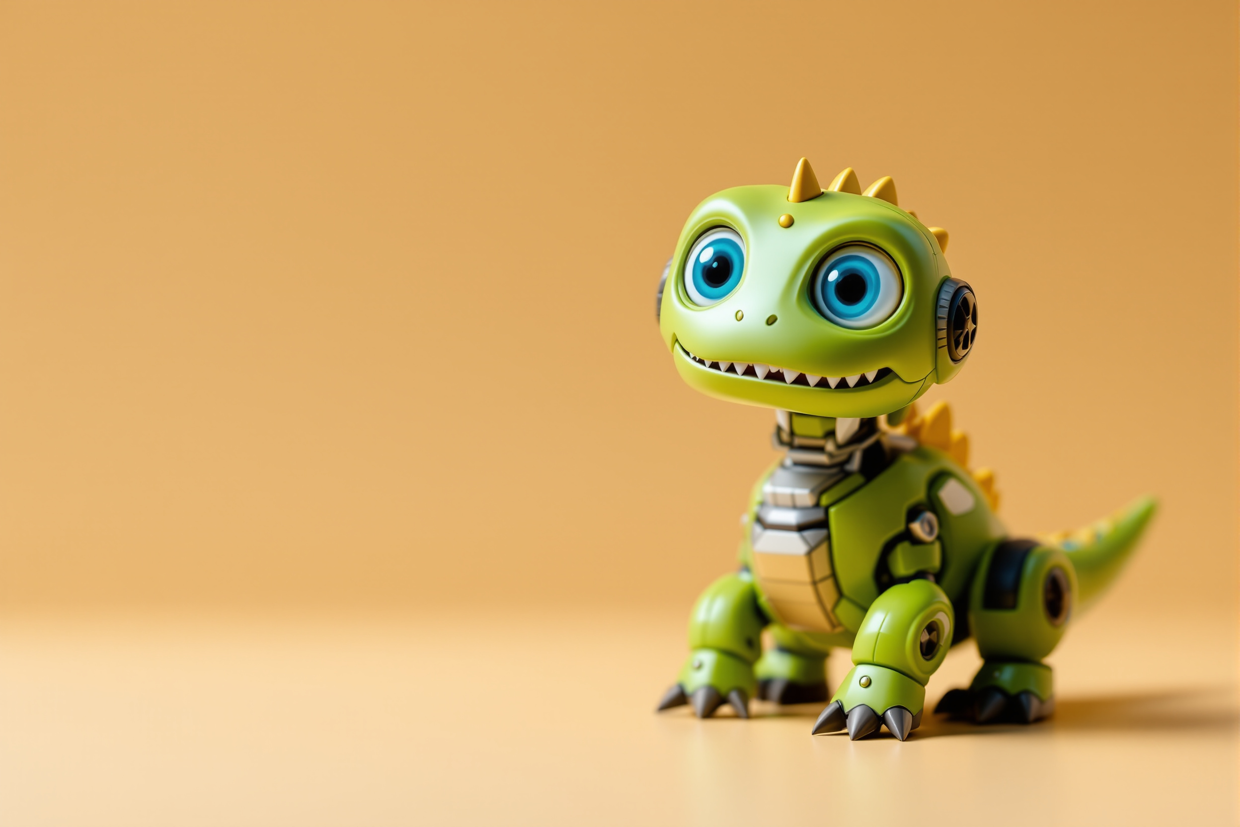 A curious green robot dinosaur tilting its head inquisitively with big blue eyes