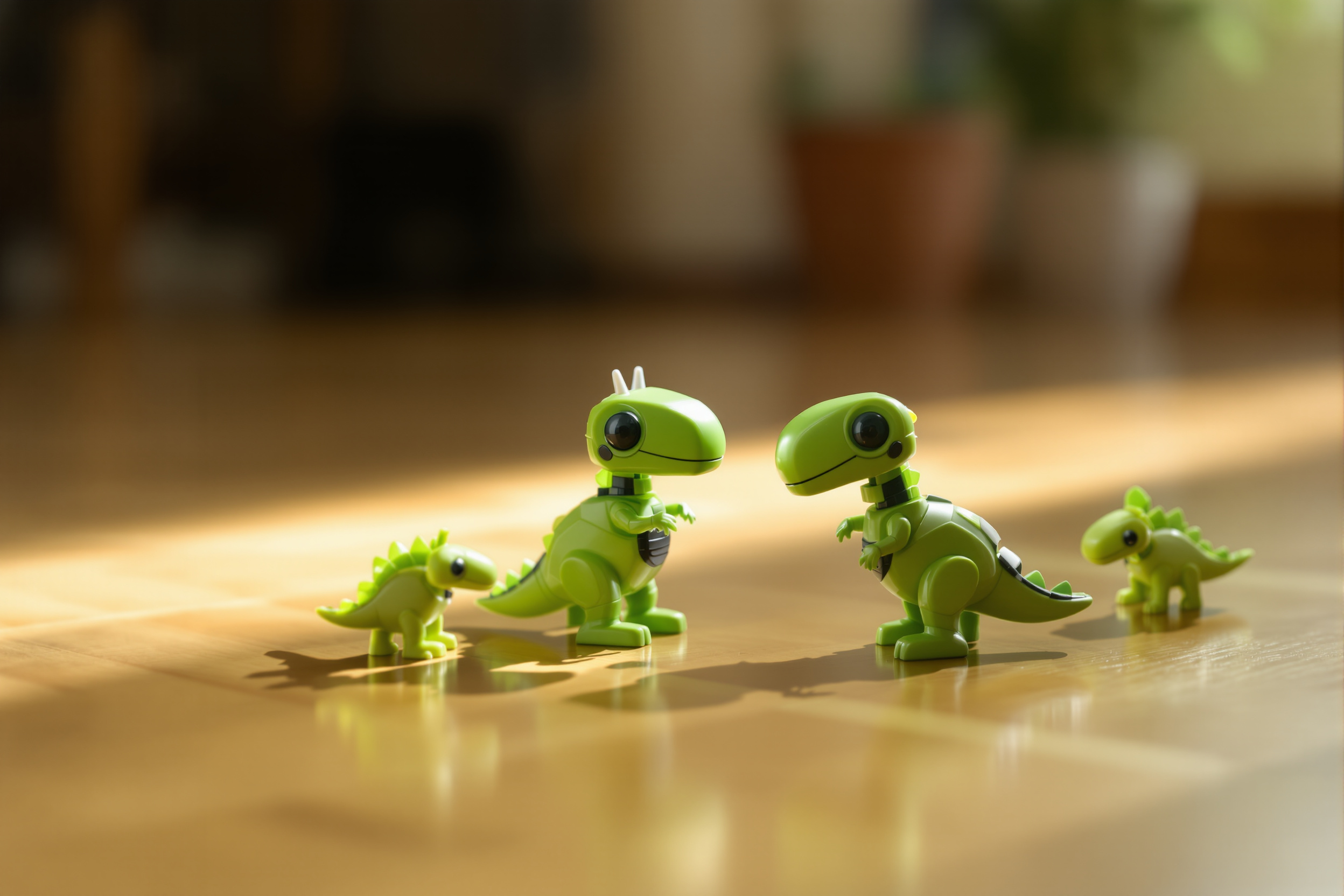 Several small green robot dinosaurs together on a wooden floor facing each other
