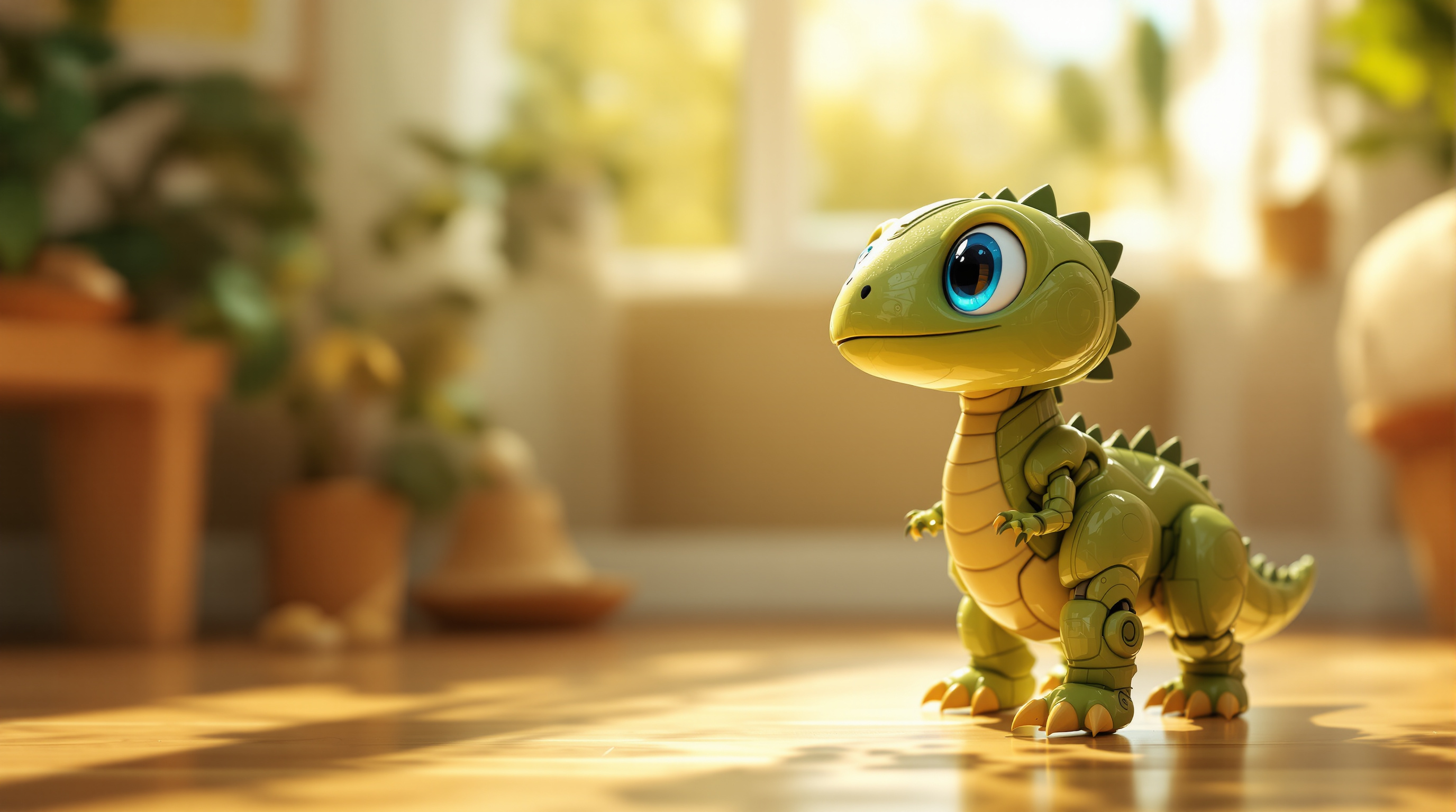A friendly green animatronic baby dinosaur robot with big blue eyes in a sunlit living room