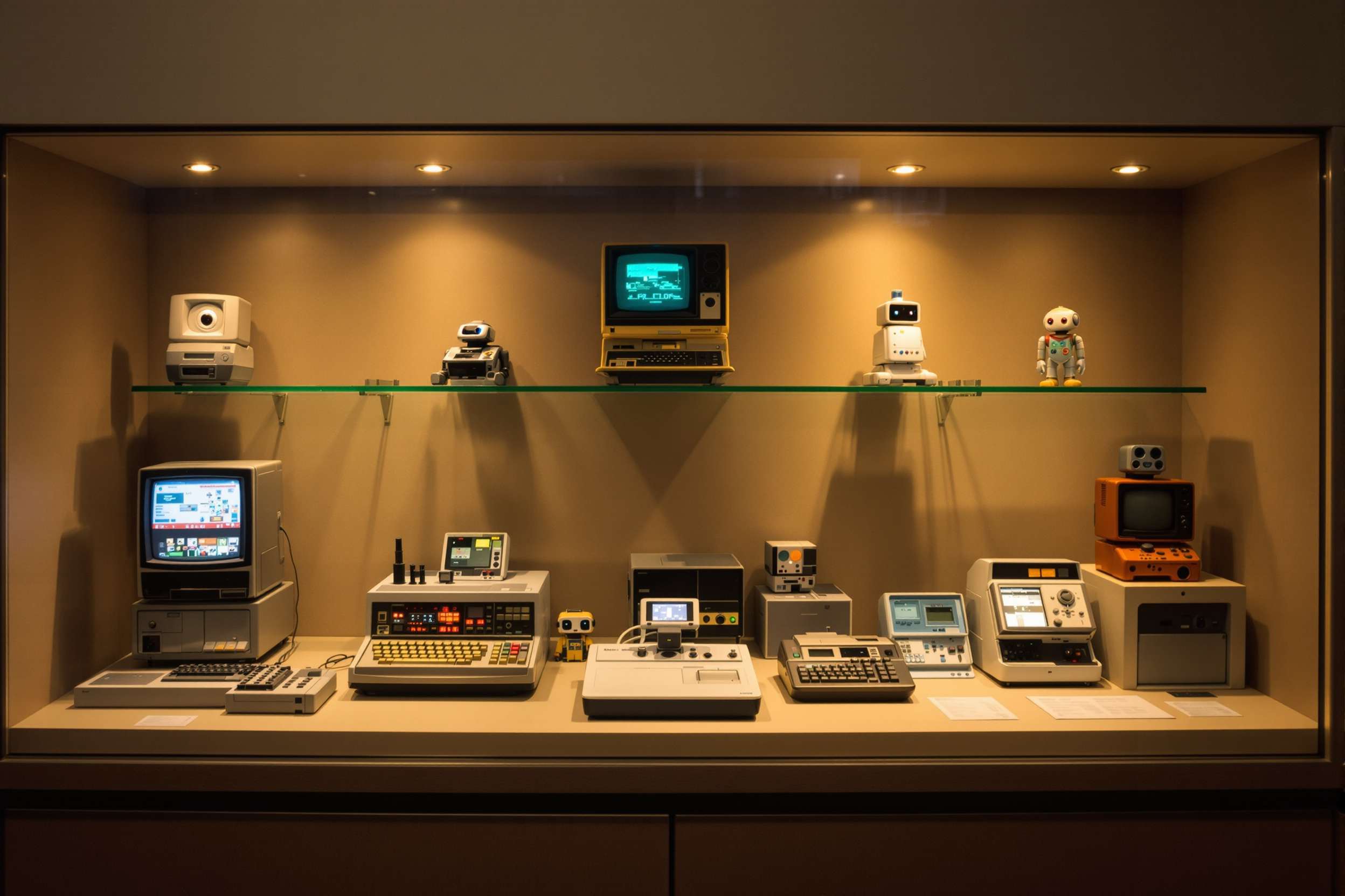 A heritage museum shelf of vintage early-2000s electronic toys and small robots