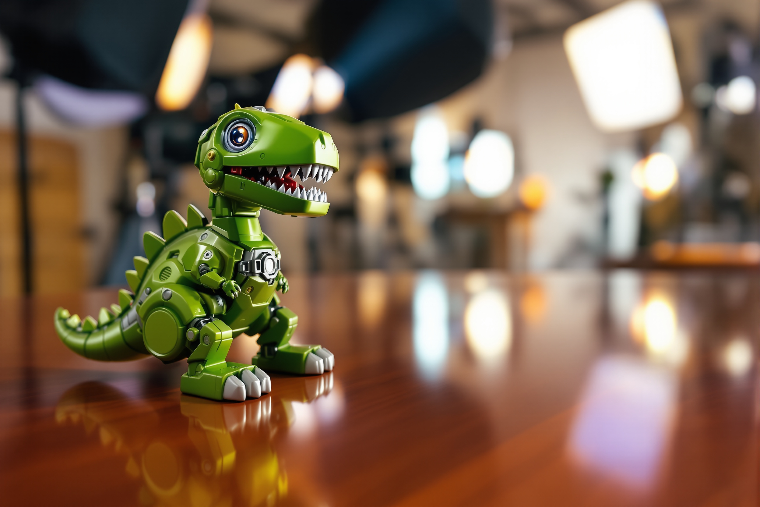 A small robot dinosaur under bright television studio lights with cameras in the background