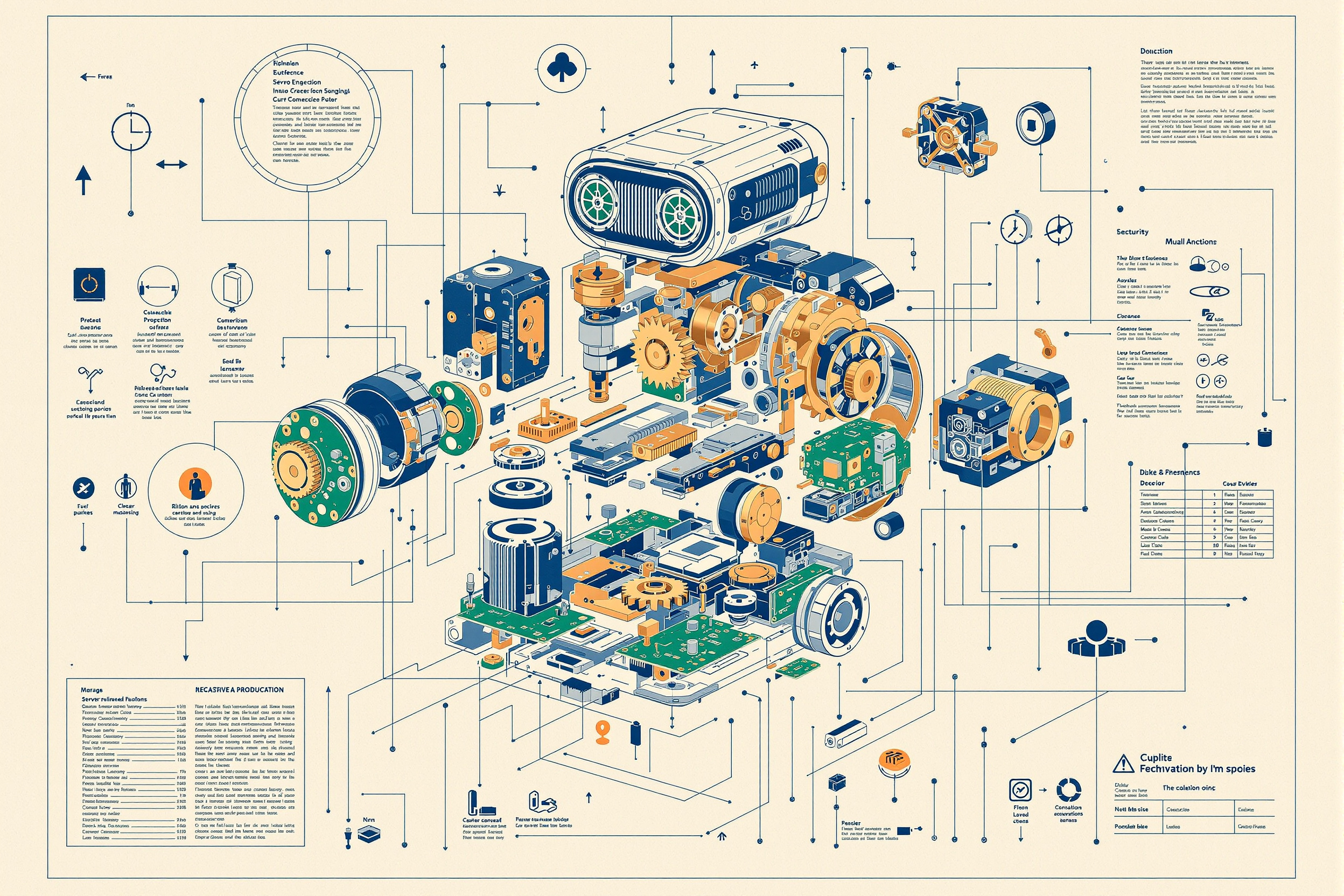 Technical exploded-view illustration of a small robot showing gears, motors, circuit boards and sensors
