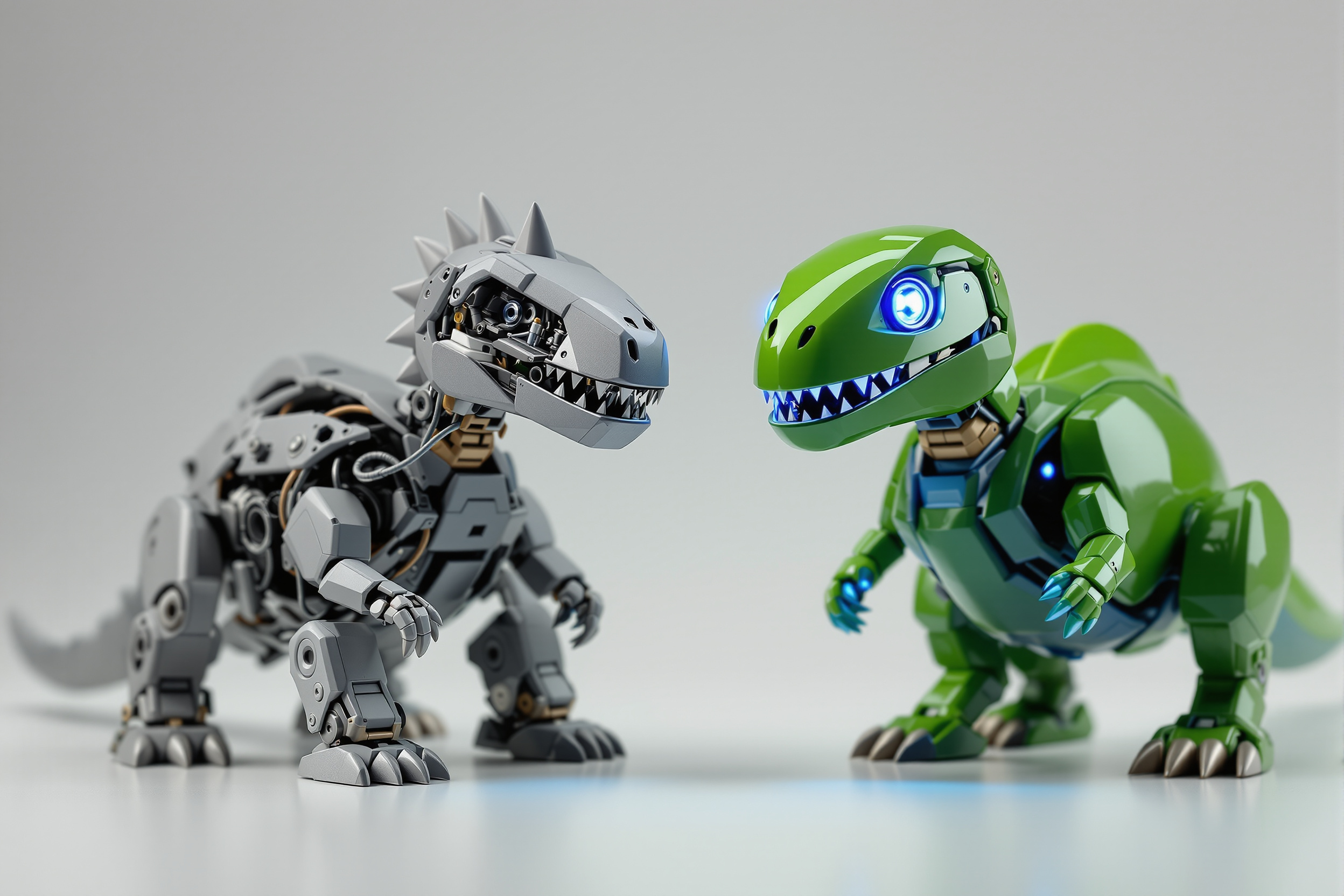 A rough grey robot dinosaur prototype beside a finished glossy green one with blue eyes
