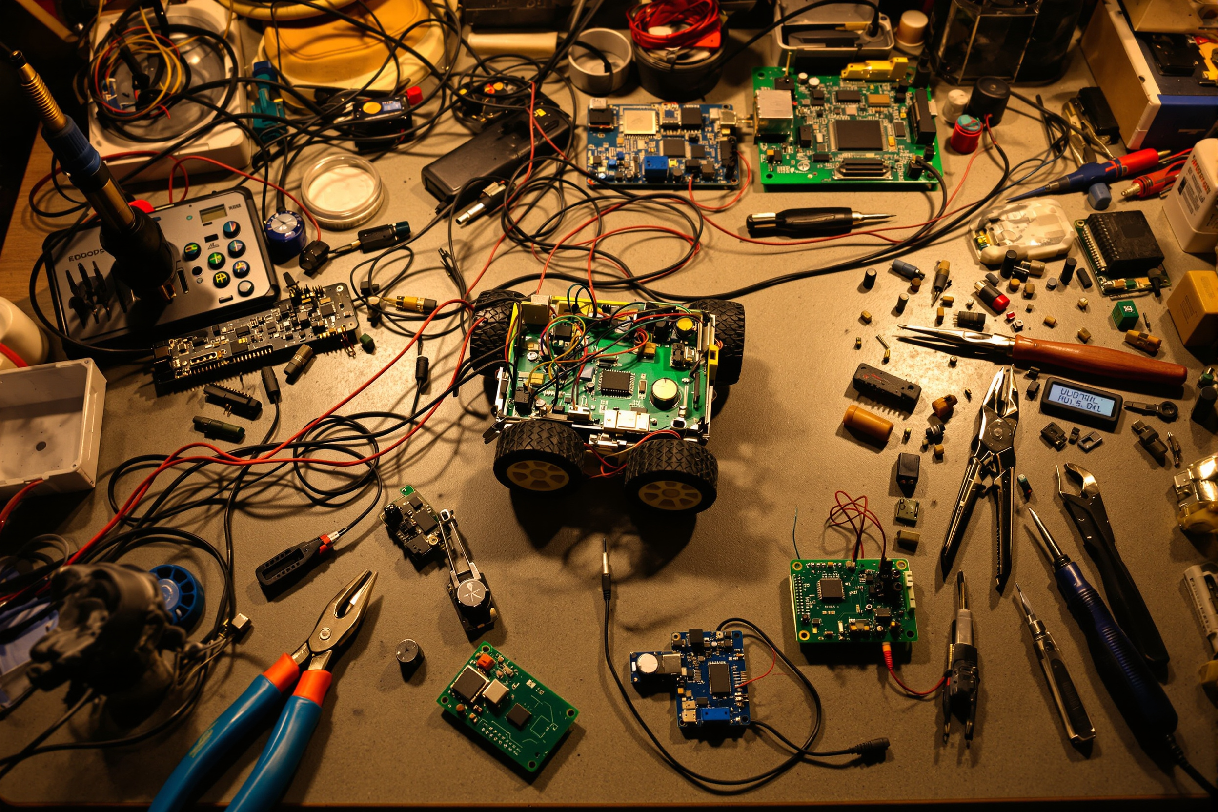 A robotics workshop bench with prototype electronics and a half-assembled small robot