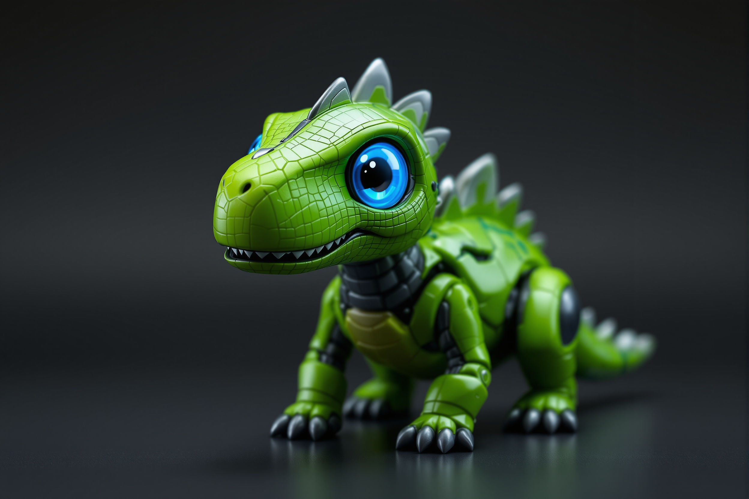 Studio close-up of a green robotic baby dinosaur with sculpted skin and big blue eyes